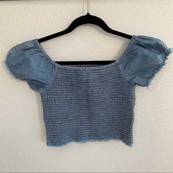 Forever 21 Blue Denim Smocked Crop Top size M - Picture 1 of 6